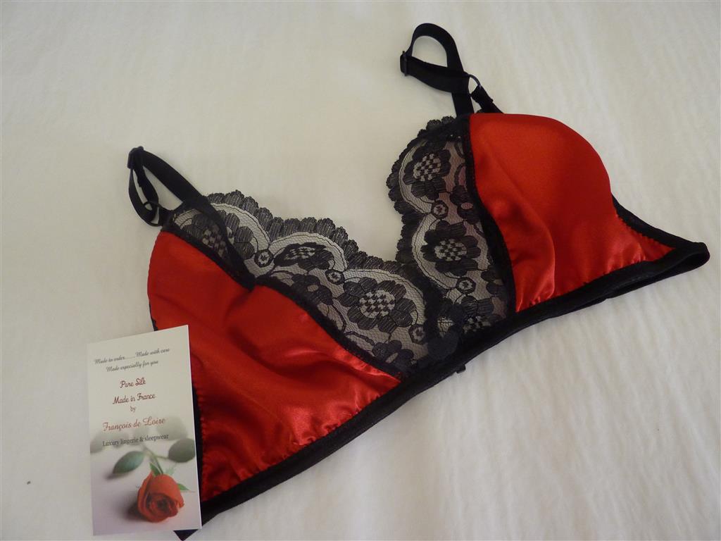 Red Satin and Black Lace Bra